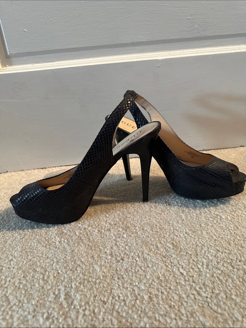 Guess Black Snake-Texture Peep-Toe Stiletto Heels